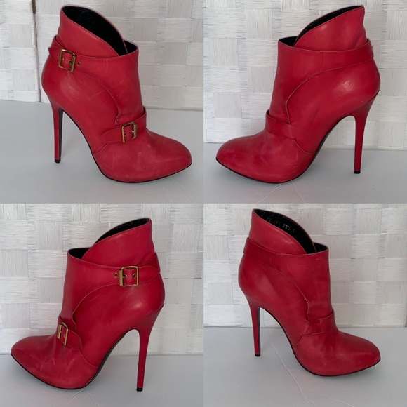 Alexander Mc Queen Red Italy Leather Buckle Heel Ankle Boots 38.5 US 8 - Picture 7 of 14
